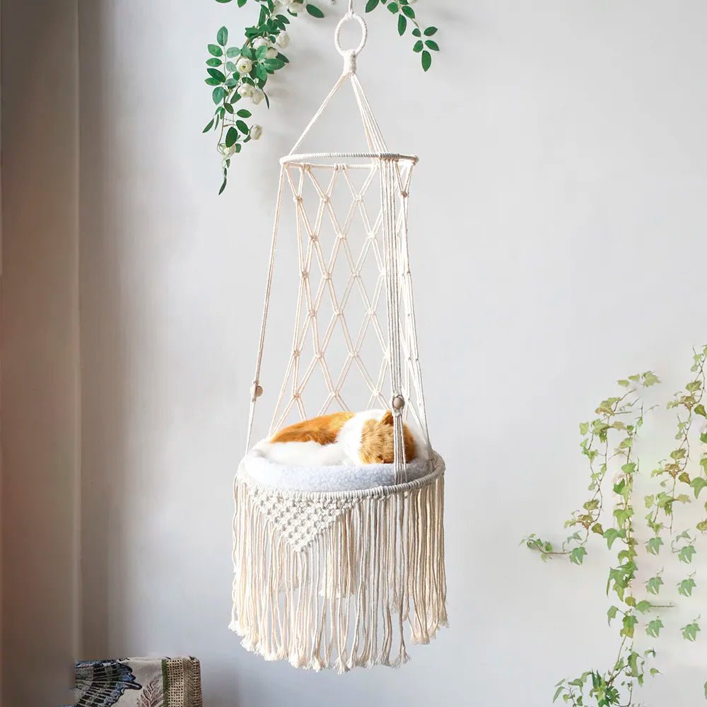 Cat Hanging Basket Hammock Macrame Hanging Decoration Handmade Cotton Rope Flower Fruit Holder Kitten Cat Accessories Boho Decor - Pawfect Nation